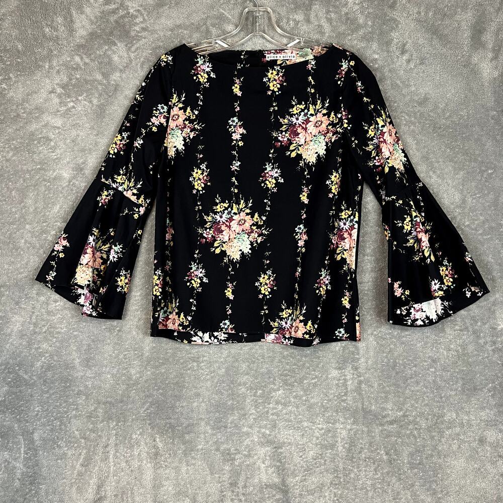 Alice and Olivia Shirley Bell Sleeve Top Womens S Boat Neck Floral Black